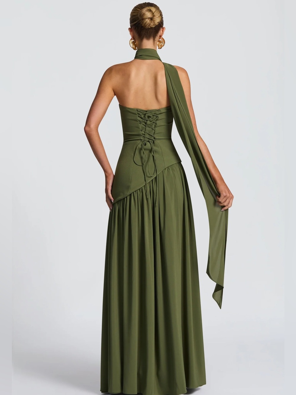 Olive Green Strapless High-Slit Gown - Picture 3 of 5